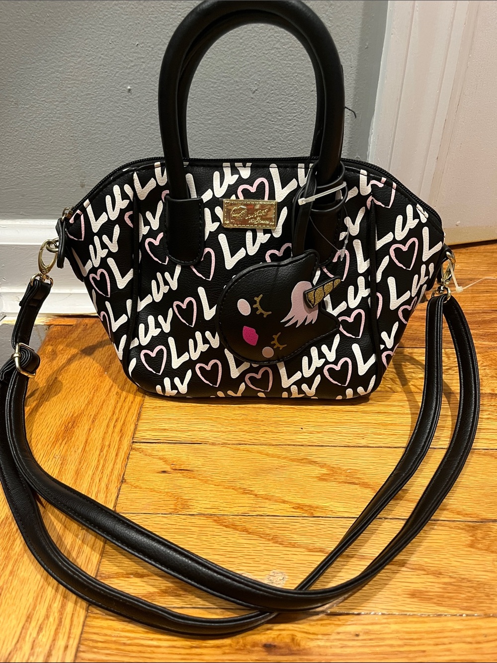 Betsey Johnson Black Heart 'Luv' Print Unicorn Applique Satchel
